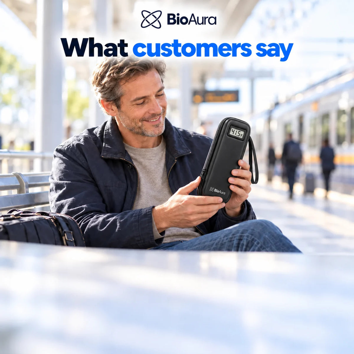 Smiling man at a train station holding his BioAura Case