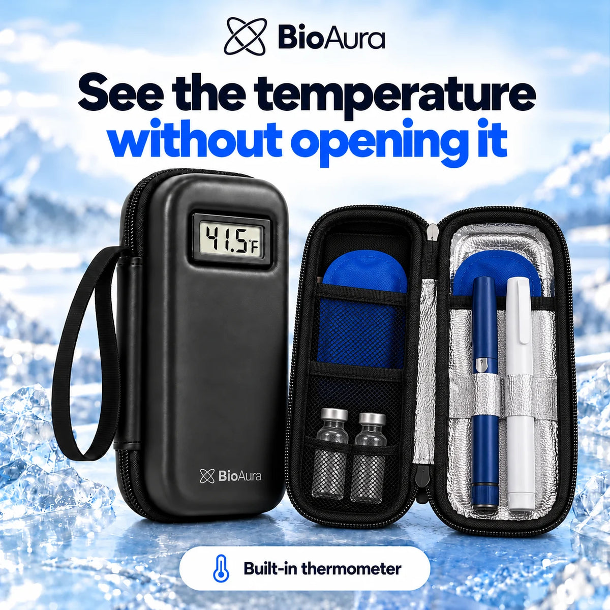 BioAura Case reading 41.5 °F beside an open one: gel packs behind the lining, pens strapped in, vials in the mesh