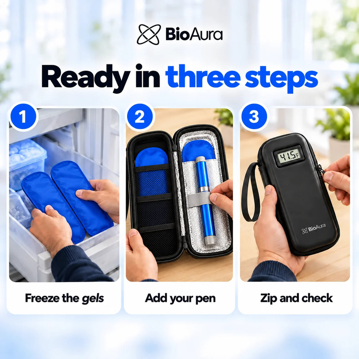 Three steps: freeze the gel packs, add your pen to the BioAura Case, zip it and check the lid