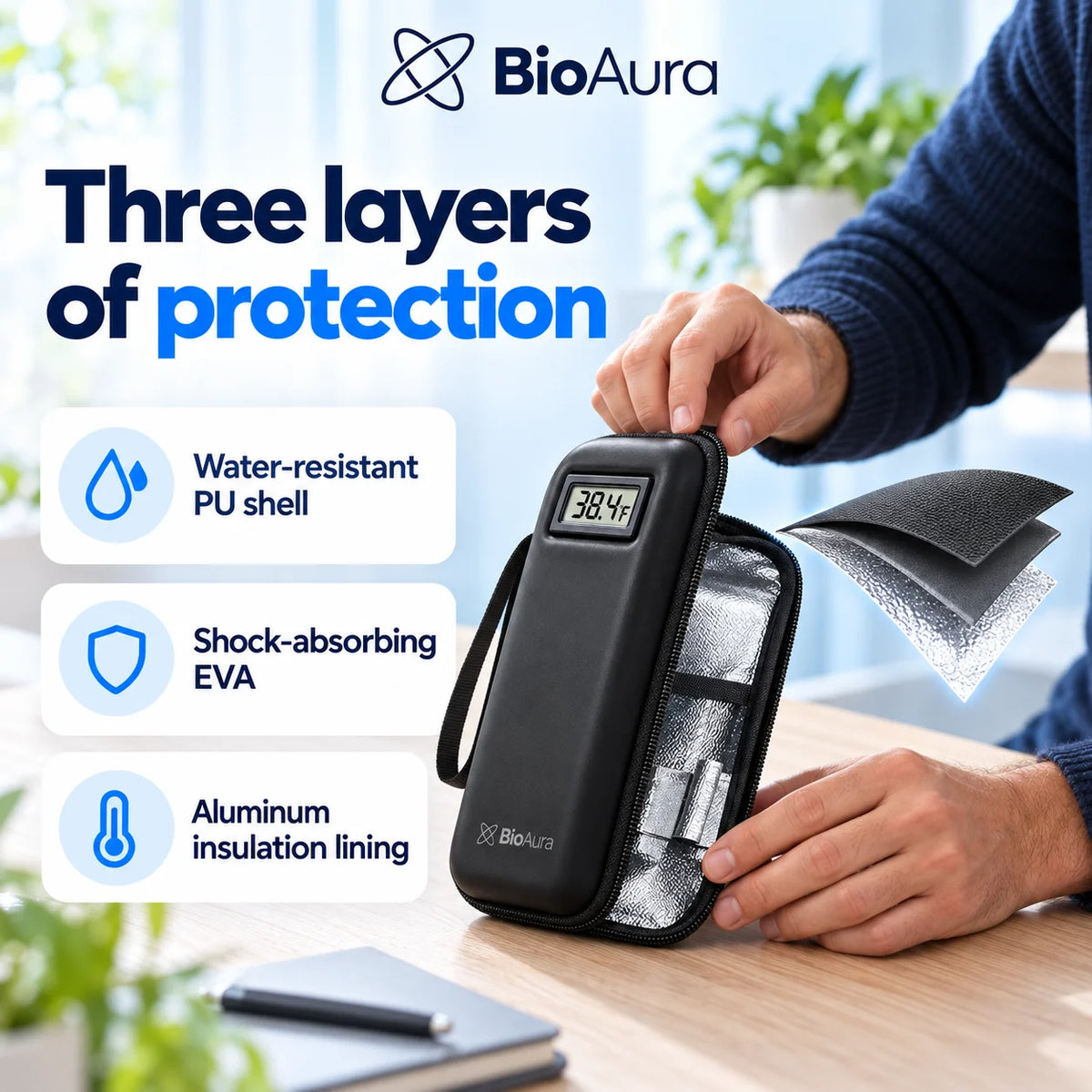BioAura Case layers: water-resistant PU shell, shock-absorbing EVA and aluminum insulation lining