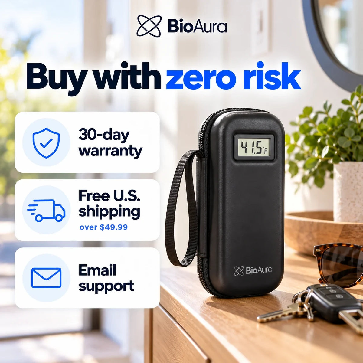 BioAura Case with a 30-day warranty, free U.S. shipping over $49.99 and email support