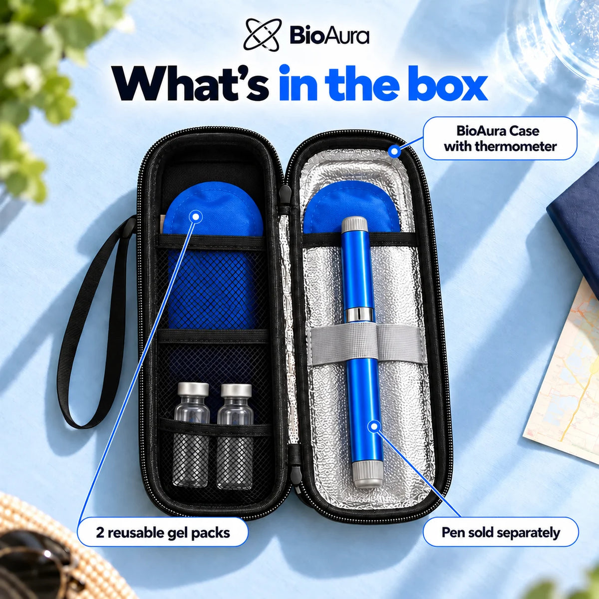 BioAura Case open: 2 reusable gel packs behind the mesh and the silver lining, pen strapped in, vials in the mesh