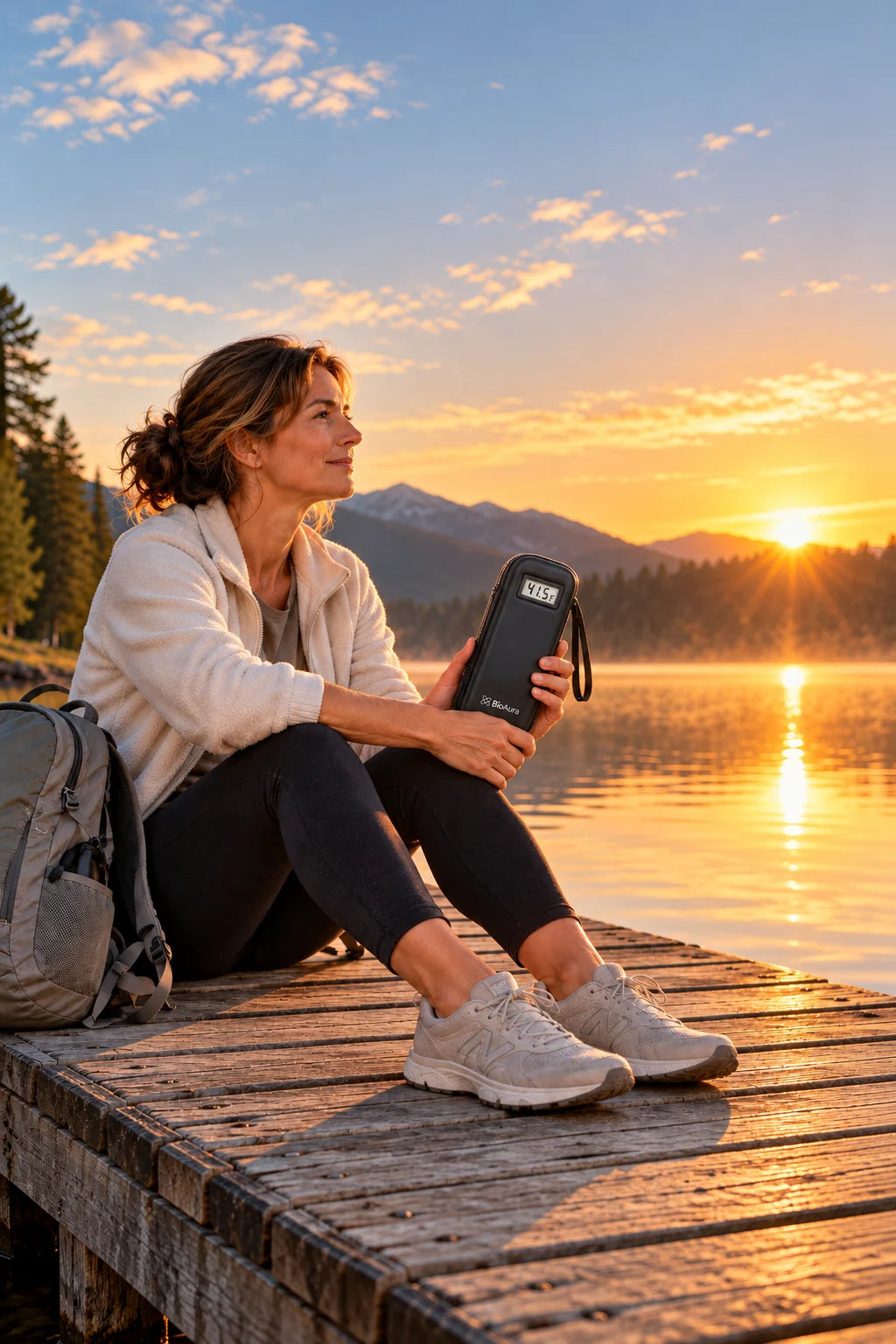 Woman resting on a lakeside dock at sunset with her BioAura Case