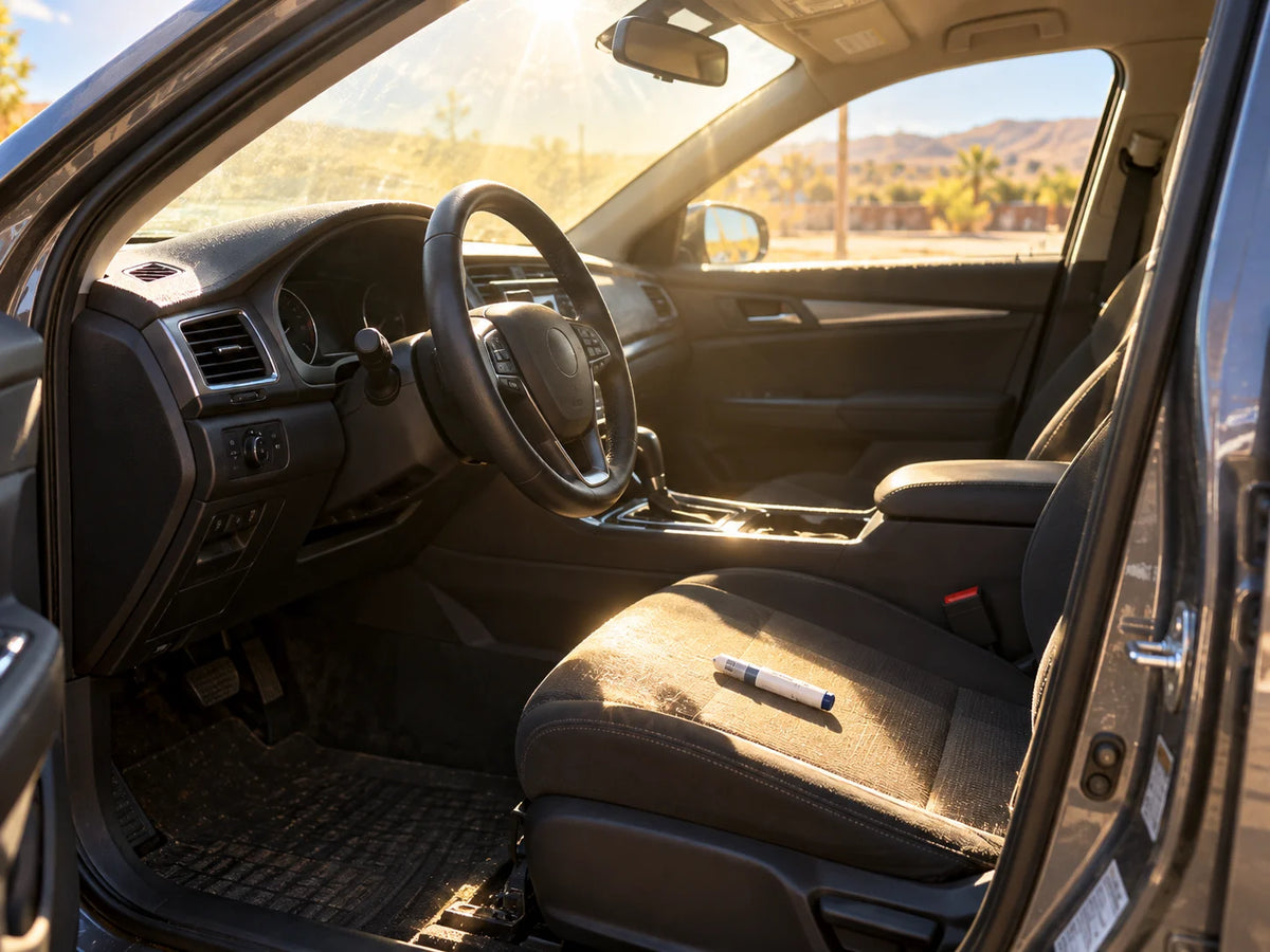 Car interior in bright sun, where a pen left behind heats up