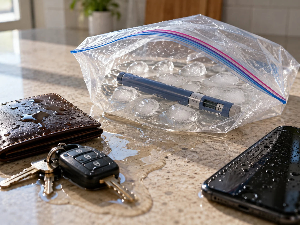 Insulin pen in a leaking plastic bag of melted ice next to wet keys