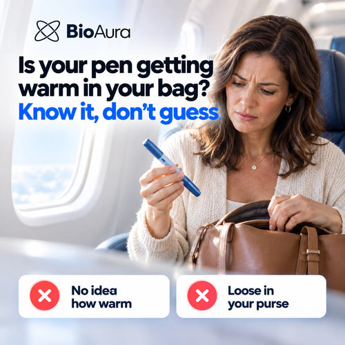 Worried woman on a plane holding an insulin pen loose from her purse, not knowing how warm it got