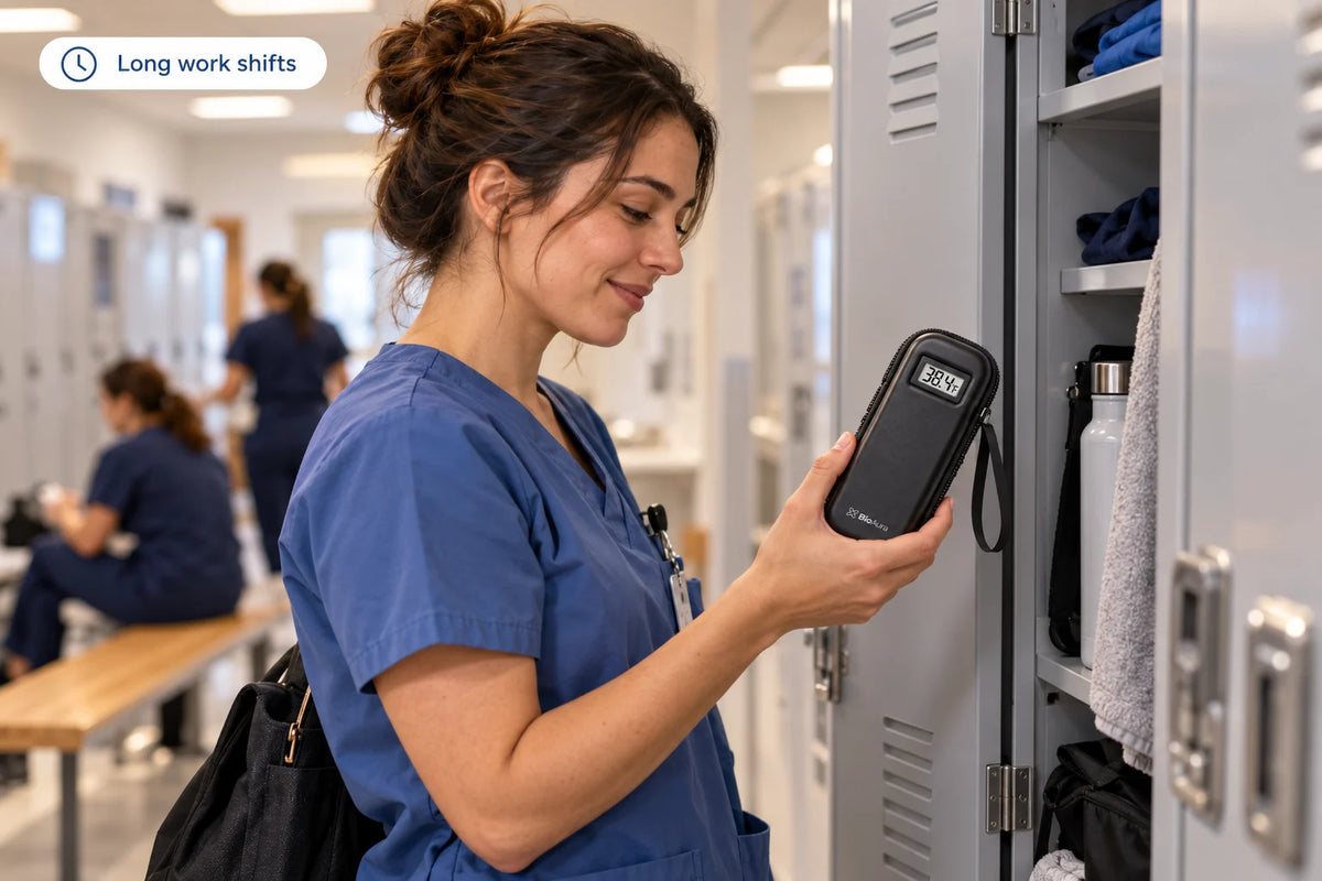 Nurse on a long work shift checking her BioAura Case by the lockers