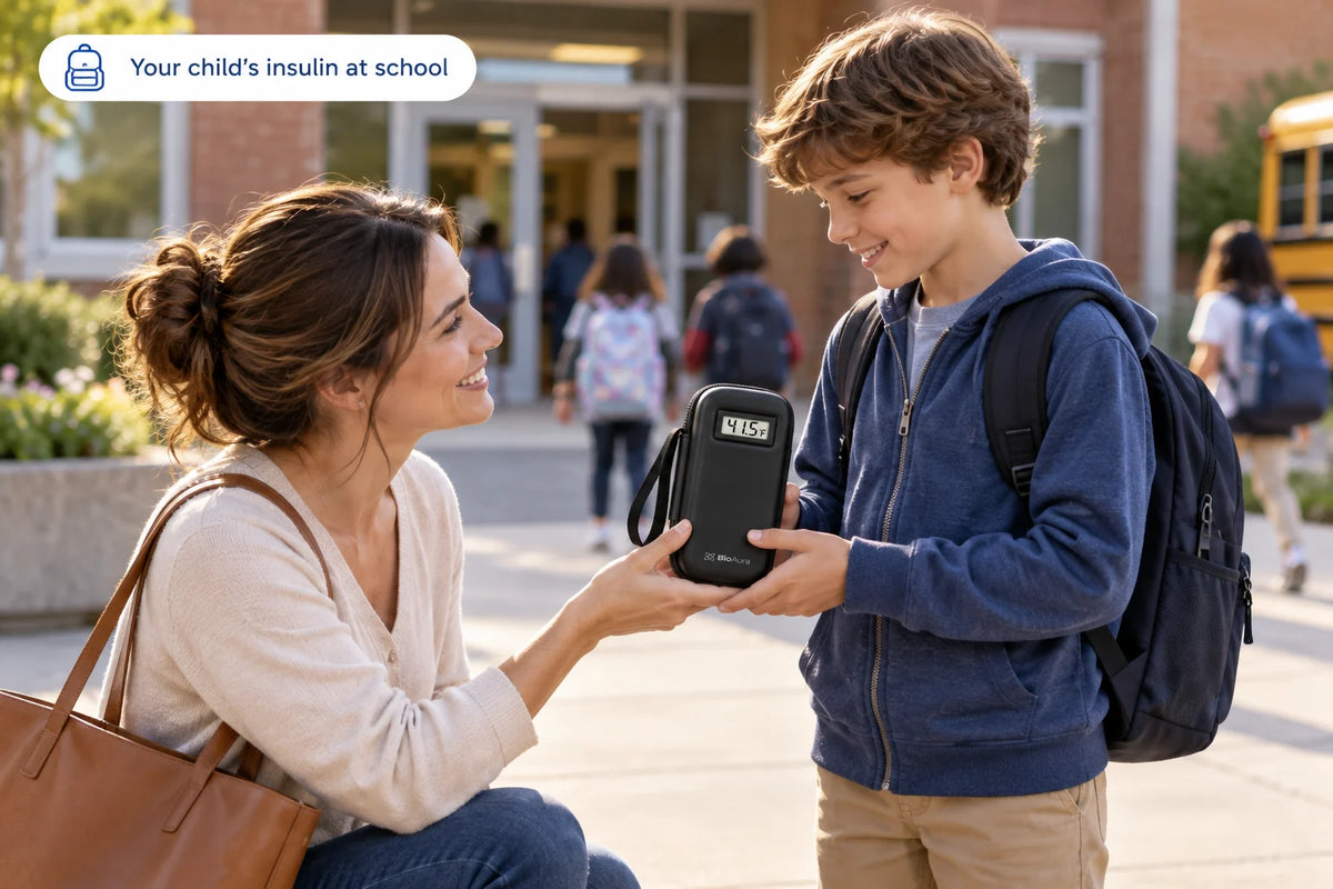 Mother handing her son his BioAura Case before school