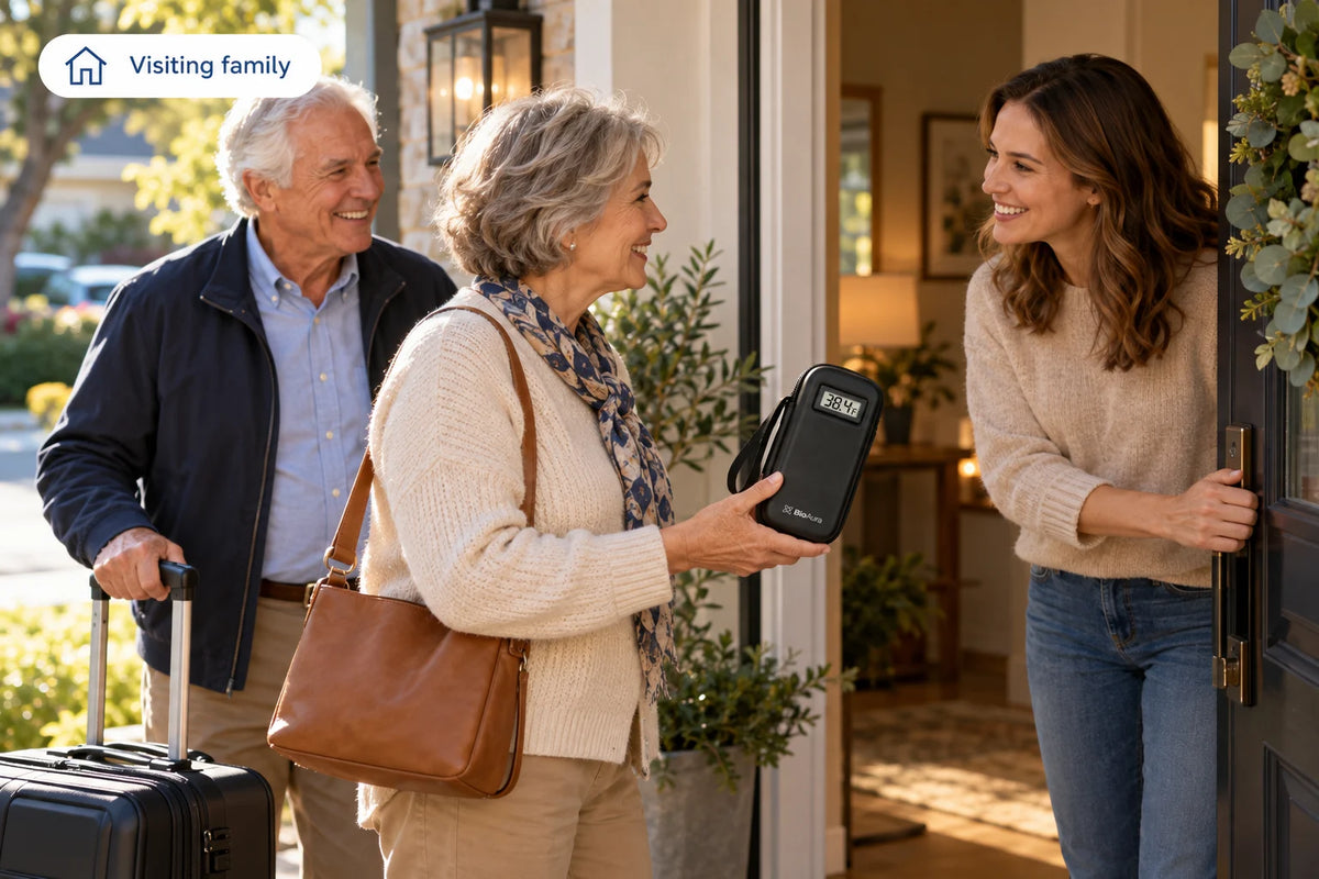 Daughter welcoming her parents, who carry a BioAura Case on a family visit