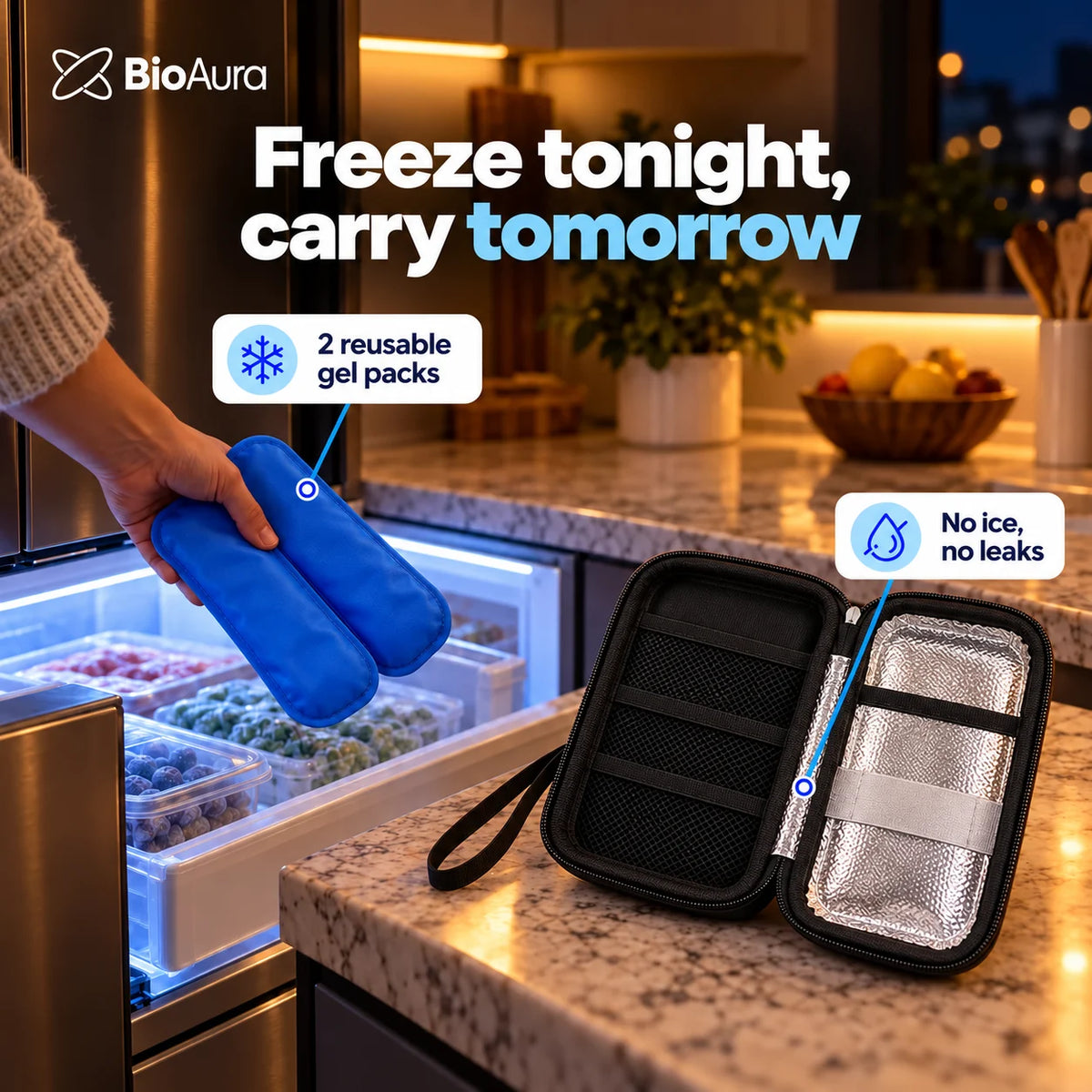 Putting the reusable BioAura gel packs in the freezer the night before, next to the open case