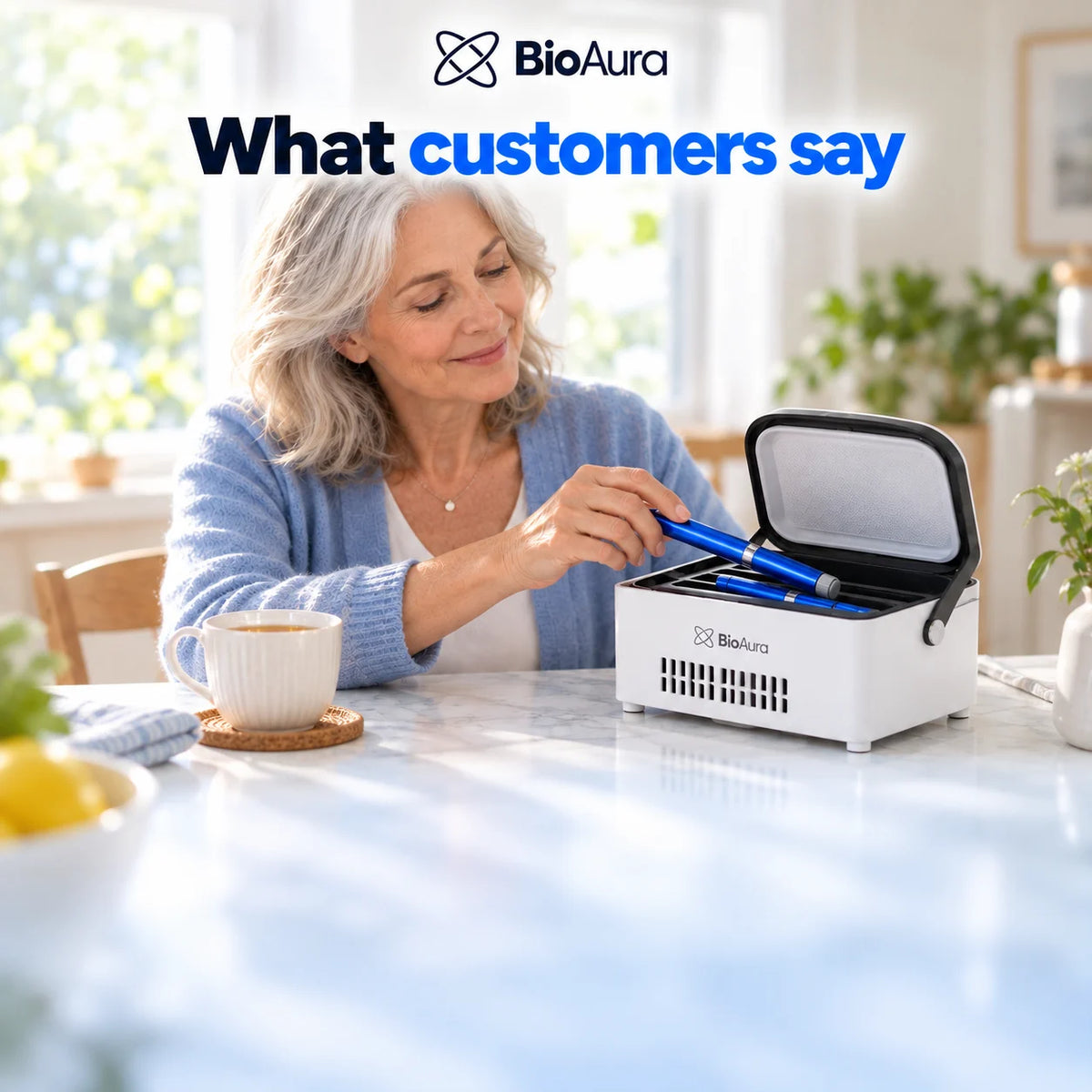 Older woman storing her insulin pen in the BioAura Cooler at her kitchen table
