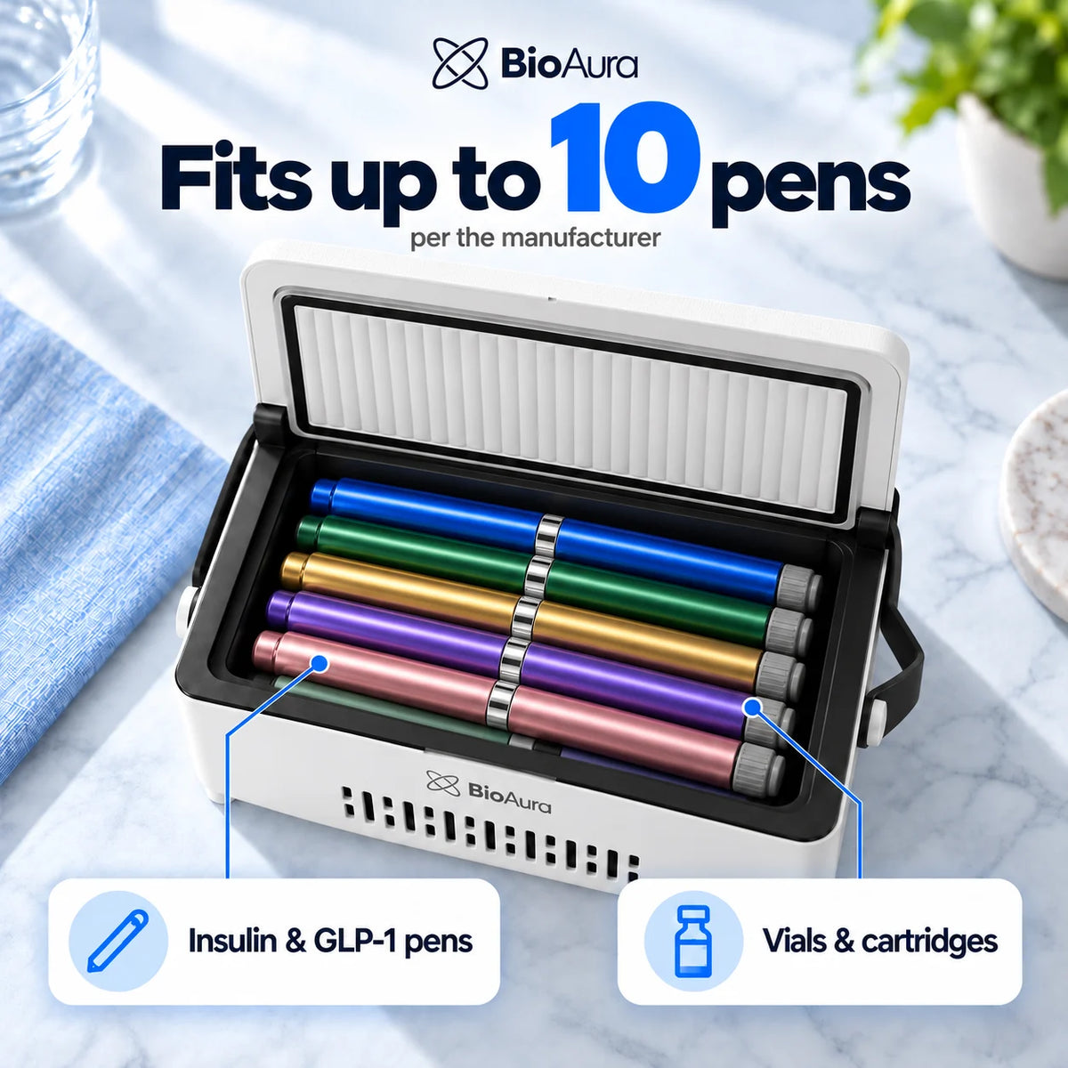 Open BioAura Cooler holding up to 10 insulin and GLP-1 pens, per the manufacturer
