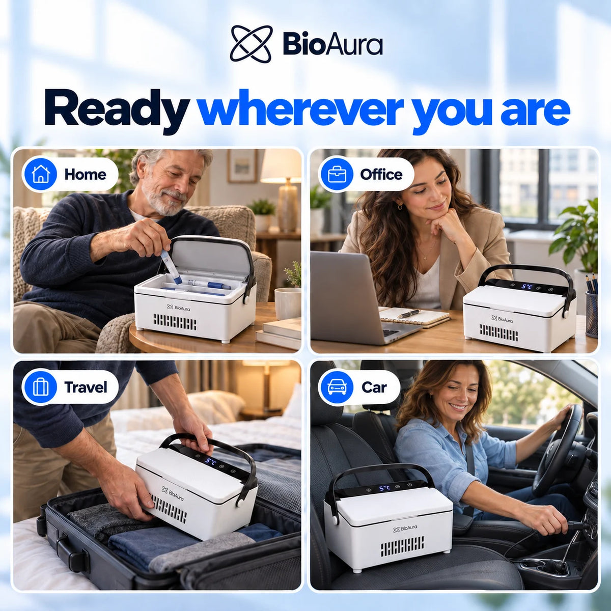 BioAura Cooler used at home, at the office, packed in a suitcase and in the car