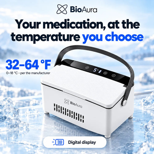 BioAura Cooler, white electric insulin fridge with handle and digital display, holds 32–64 °F