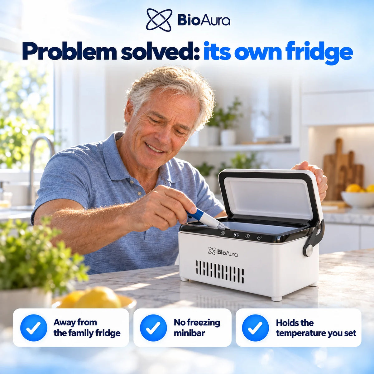 Smiling man storing his pen in the BioAura Cooler on the kitchen counter, away from the family fridge