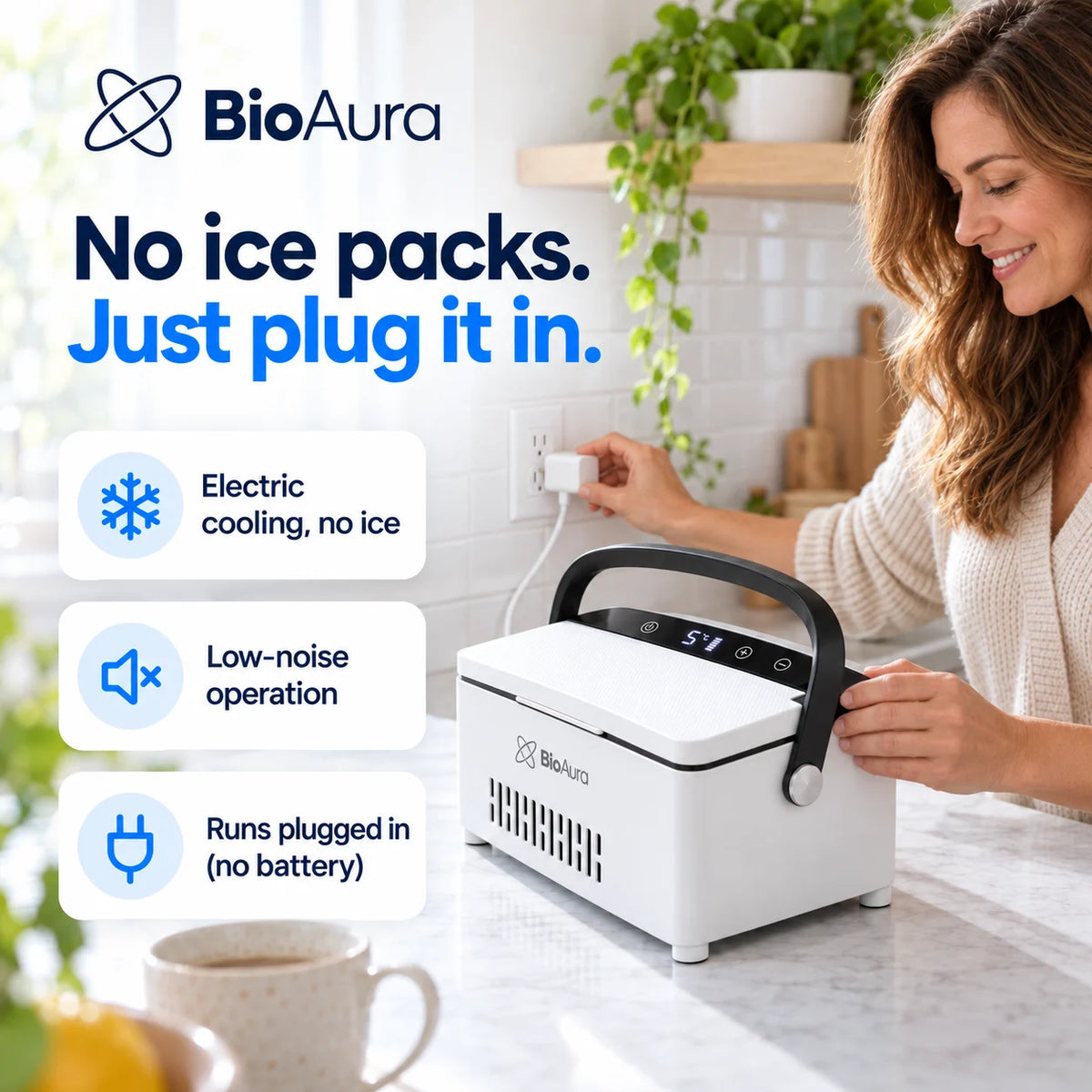 Woman plugging in the BioAura Cooler at home: electric cooling, no ice packs and no battery