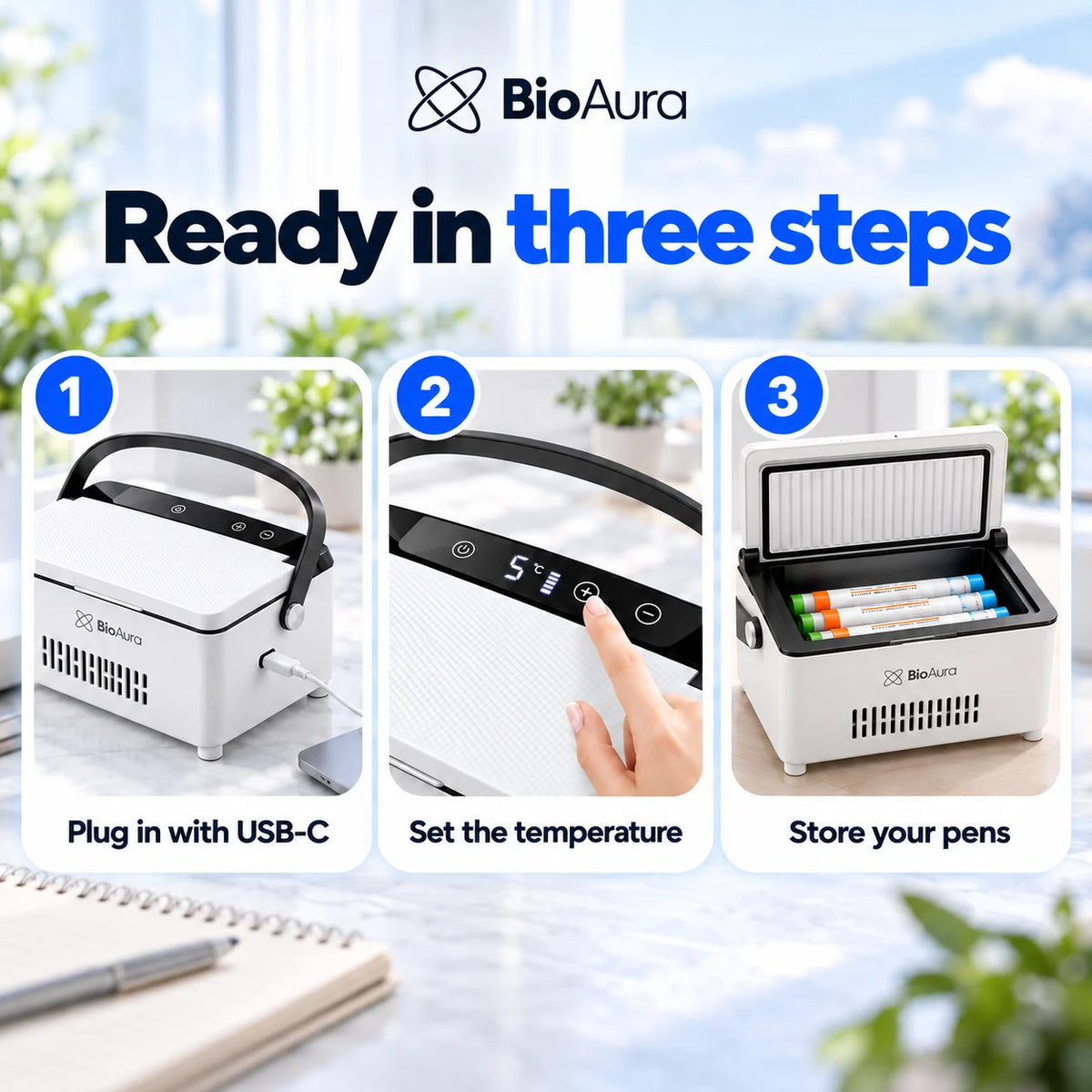 Three steps: plug in the BioAura Cooler with USB-C, set the temperature and store your pens