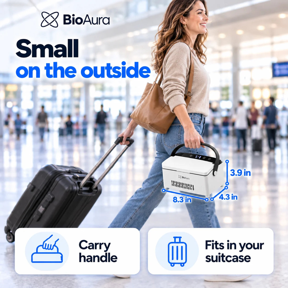 Woman at the airport carrying the BioAura Cooler by its handle, 8.3 x 4.3 x 3.9 in