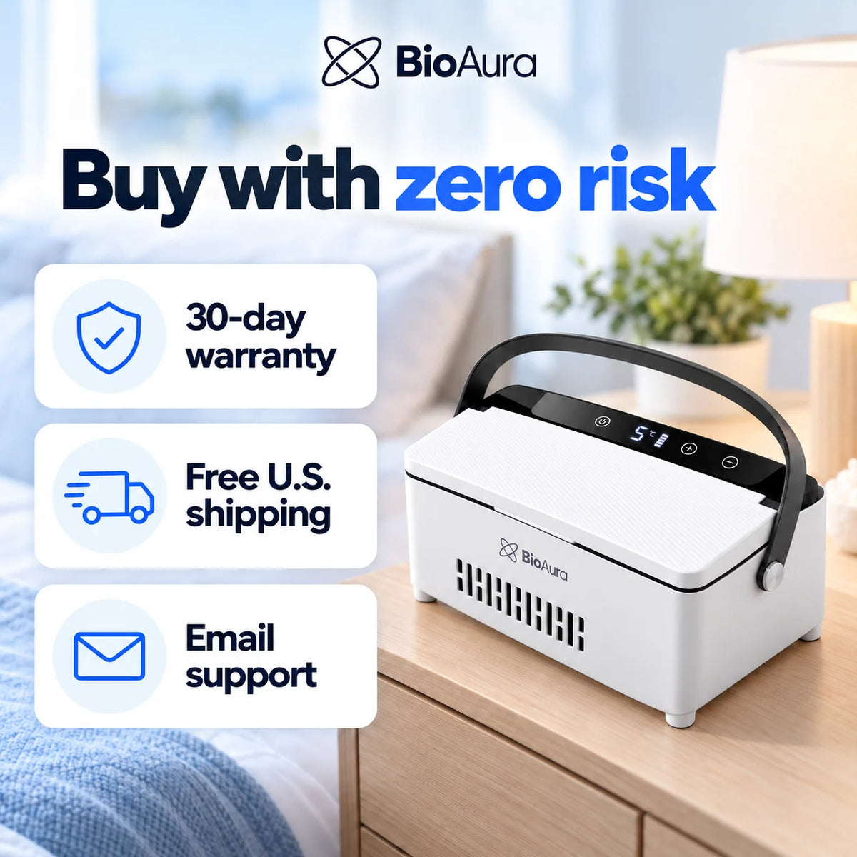 BioAura Cooler with a 30-day warranty, free U.S. shipping and email support