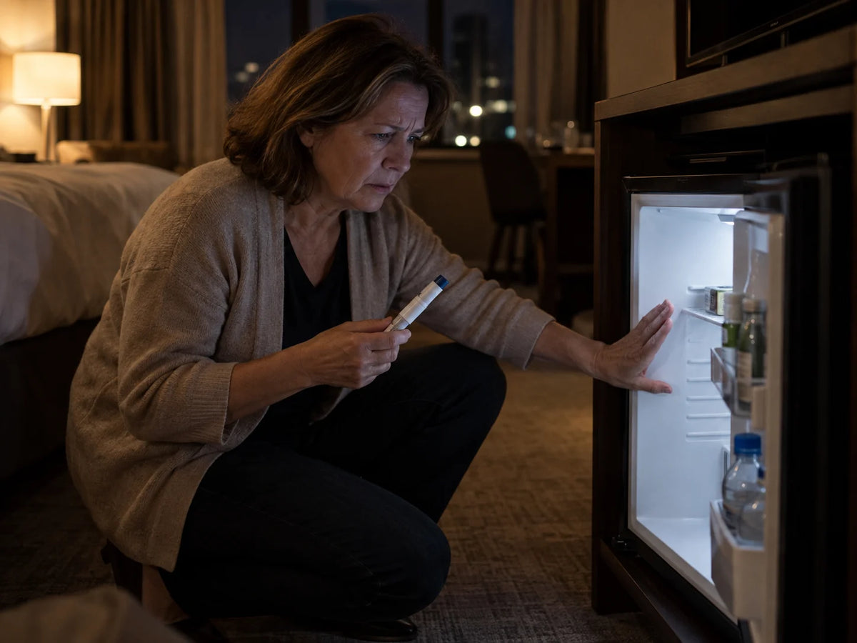 Woman checking a small fridge at night, unsure of its temperature