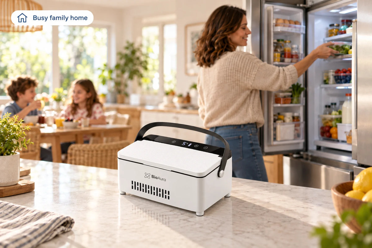 Busy family home: BioAura Cooler on the kitchen counter next to the family fridge