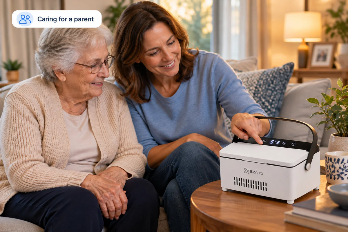 Woman caring for her elderly mother, storing her pen in the BioAura Cooler