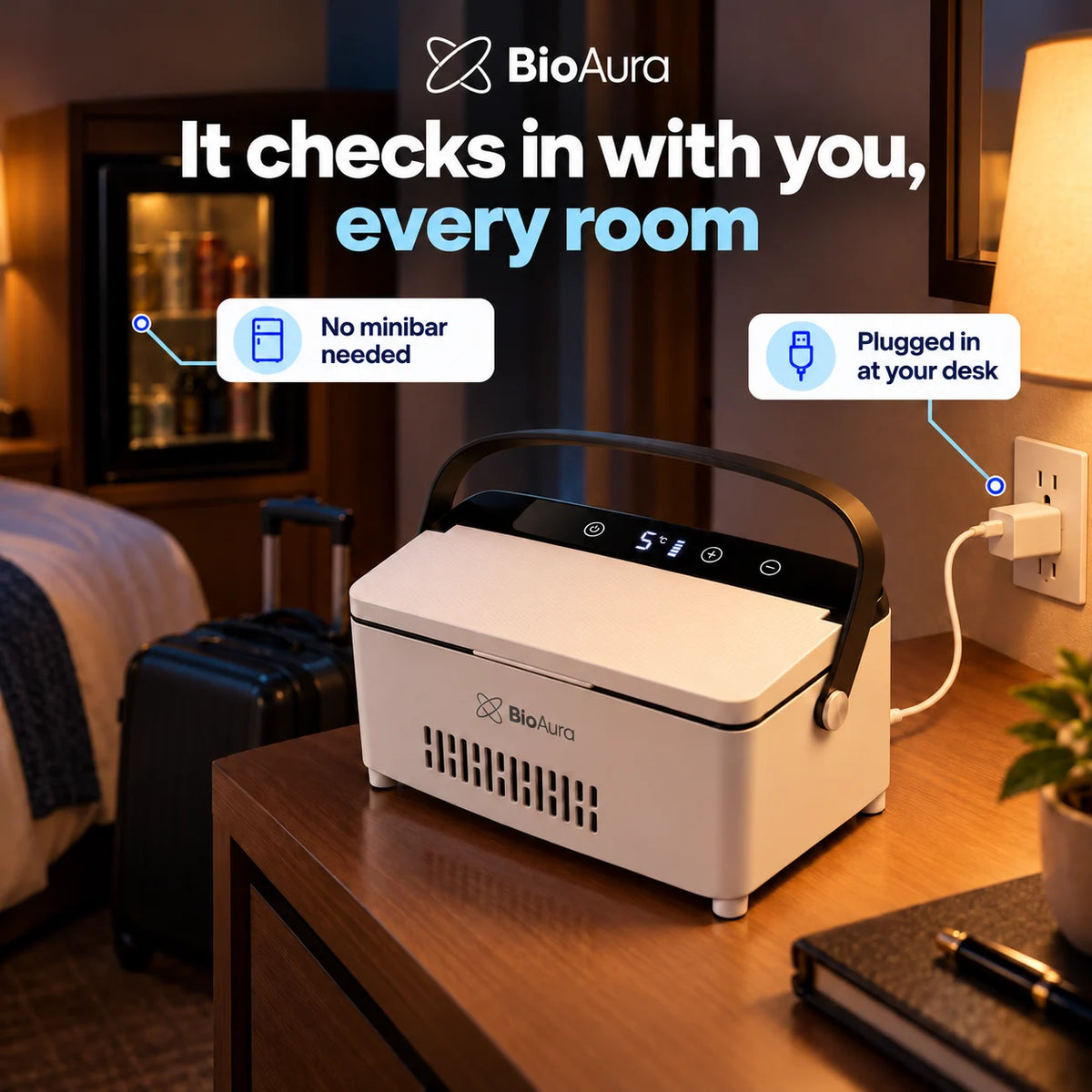 BioAura Cooler plugged in on a hotel room desk, no minibar needed