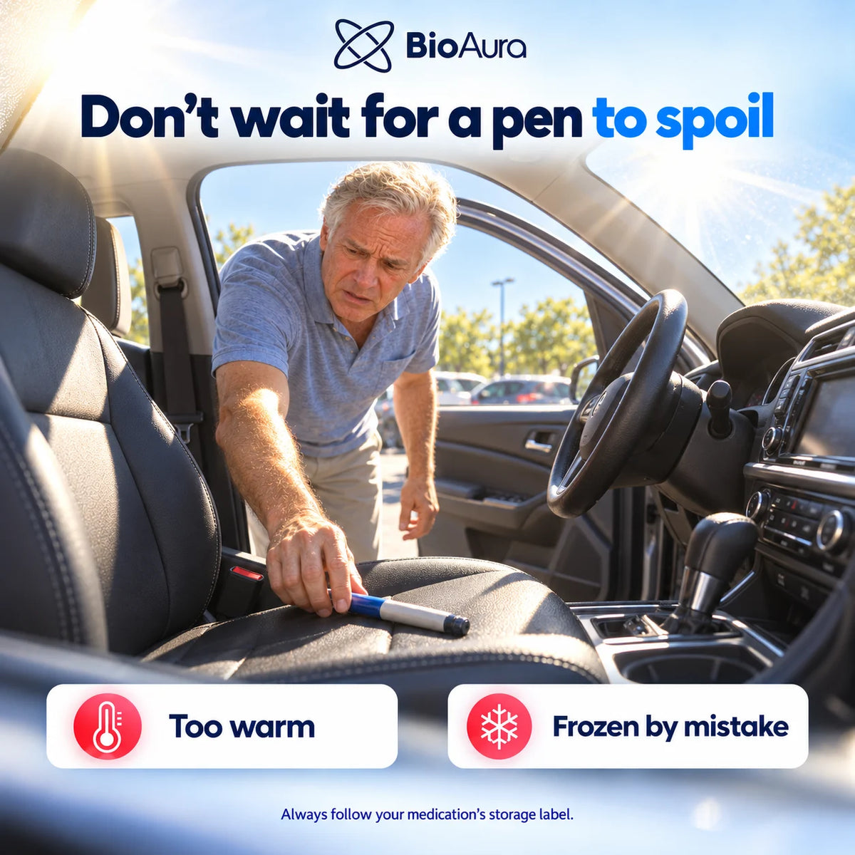 Man reaching for an insulin pen left on a hot car seat, too warm or frozen by mistake