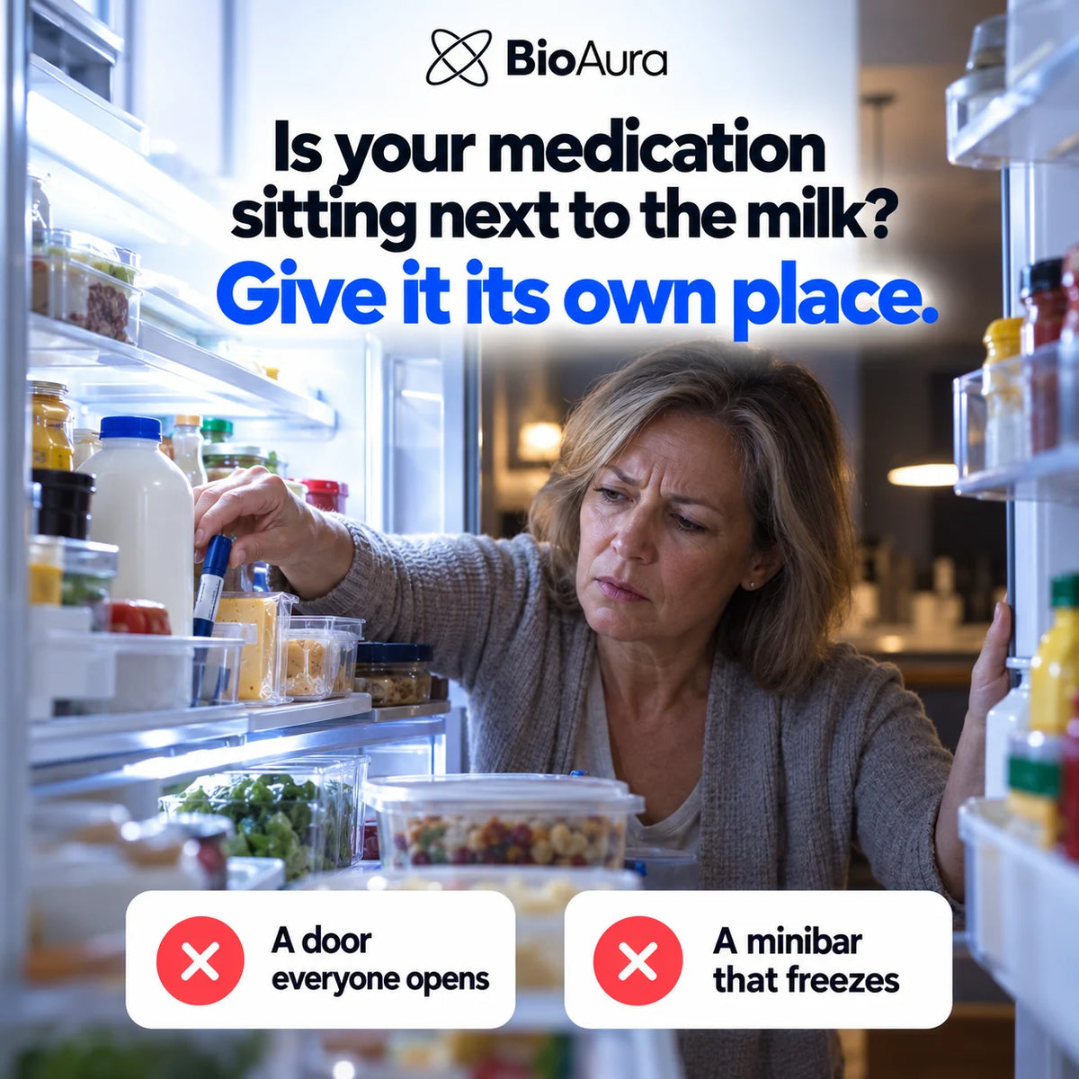 Woman searching for her insulin pen next to the milk in a crowded family fridge