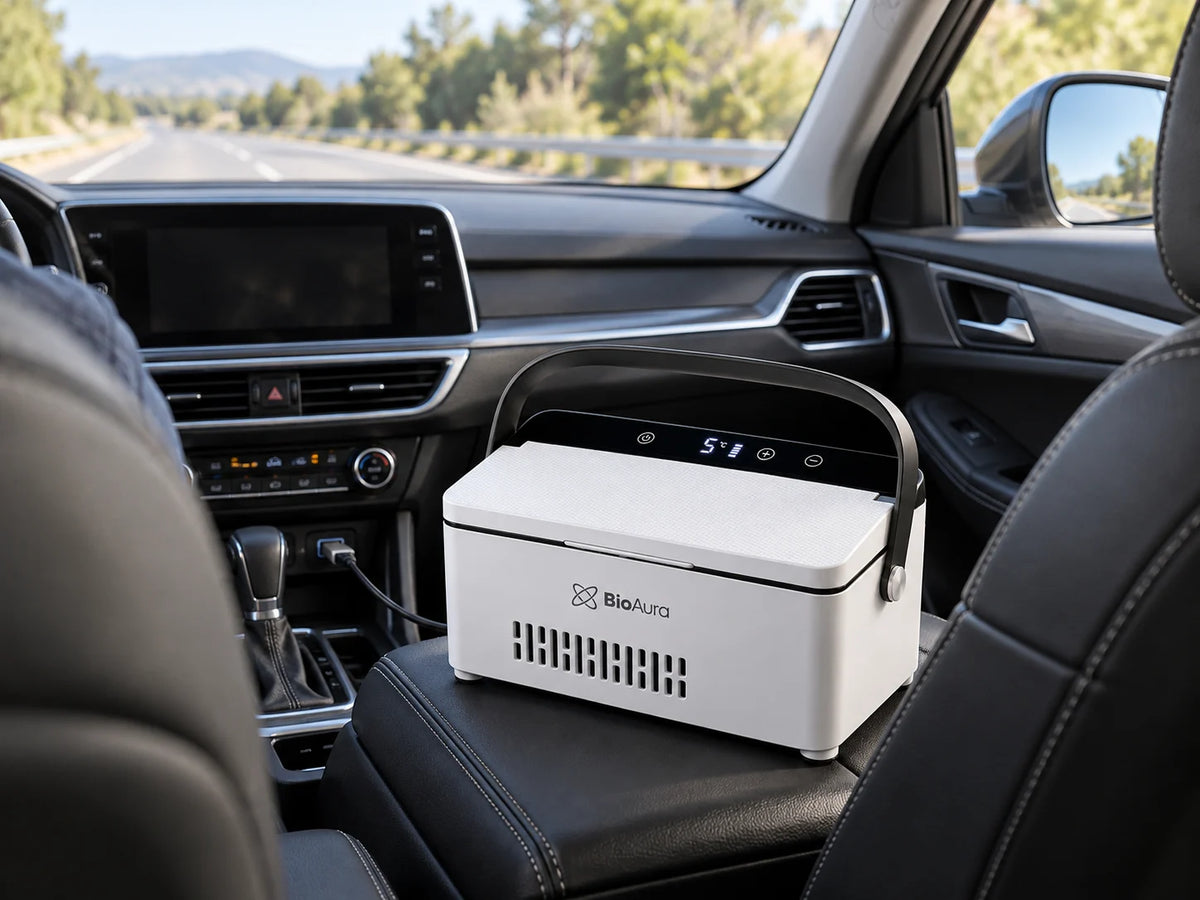 BioAura Cooler on the passenger seat of a car