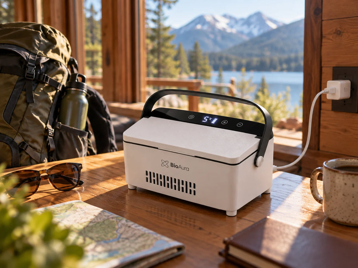 BioAura Cooler on a cabin table with a mountain lake view