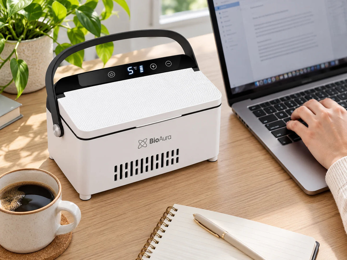 BioAura Cooler on an office desk next to a laptop and coffee