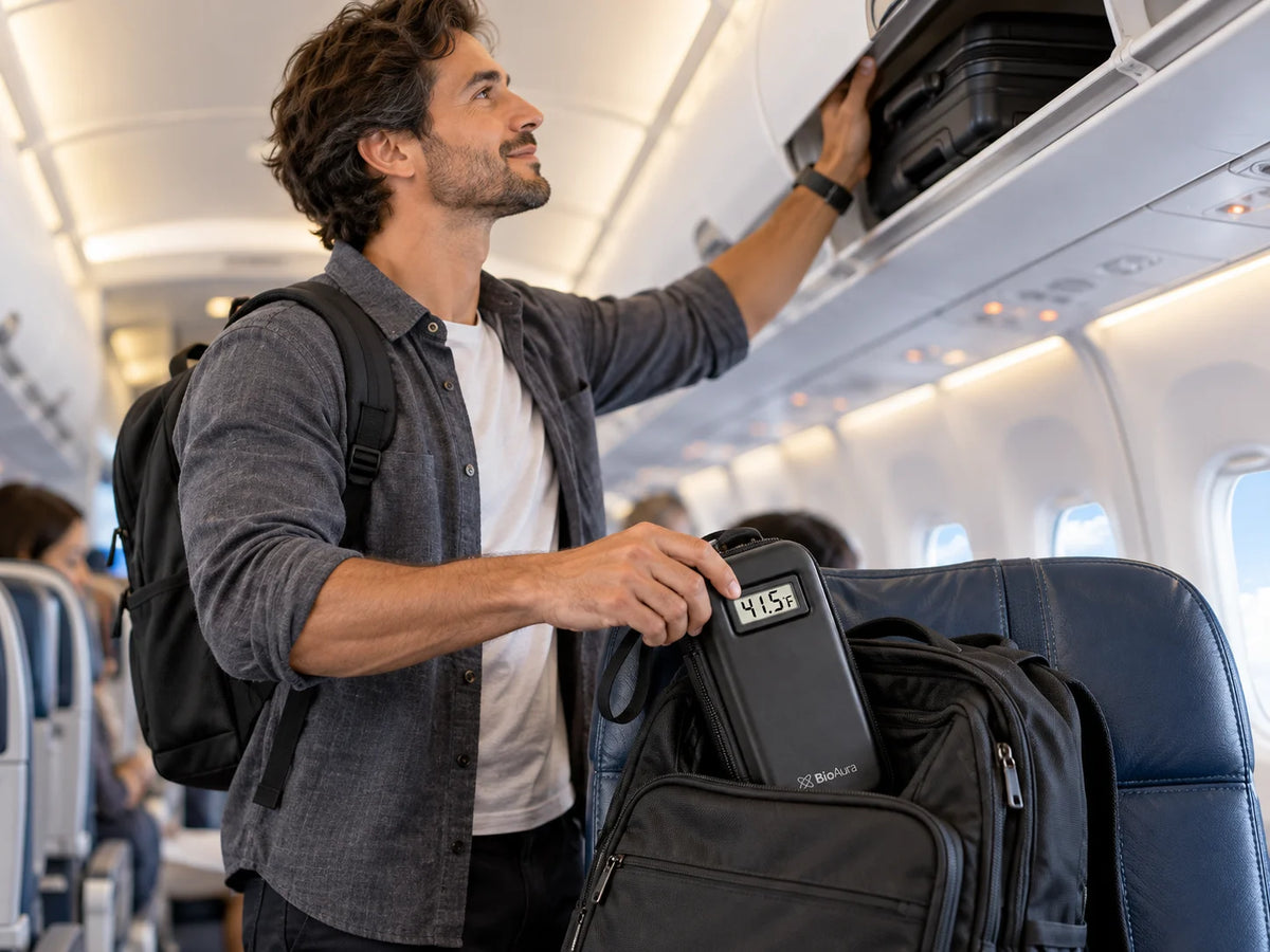 Traveler packing the BioAura Case in his carry-on bag