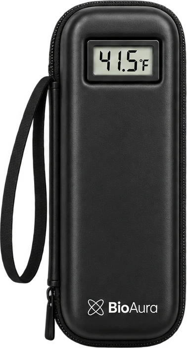 BioAura Case, black insulin travel case with the thermometer on the lid