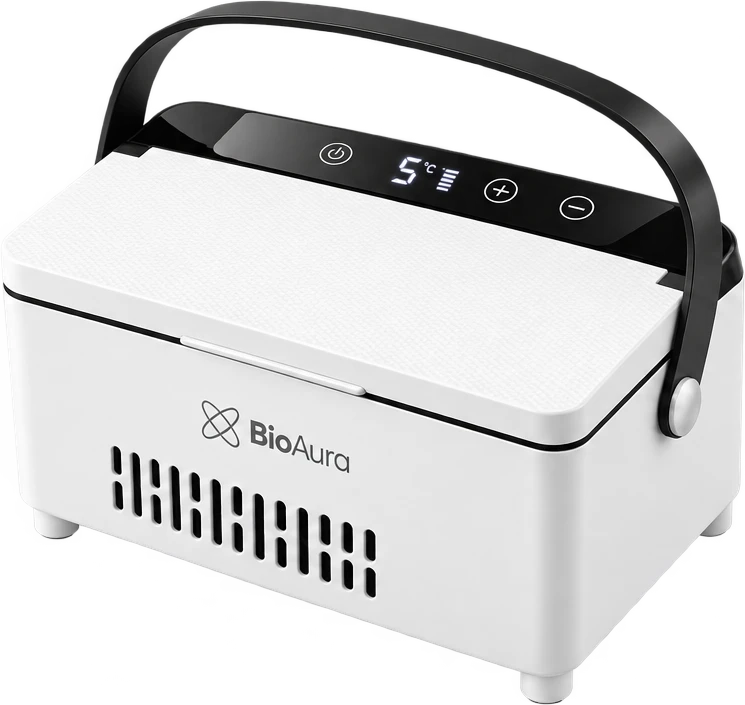 BioAura Cooler, white insulin fridge with handle and digital display