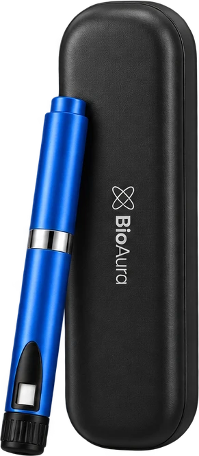 BioAura Pen, blue reusable aluminum pen next to its rigid case