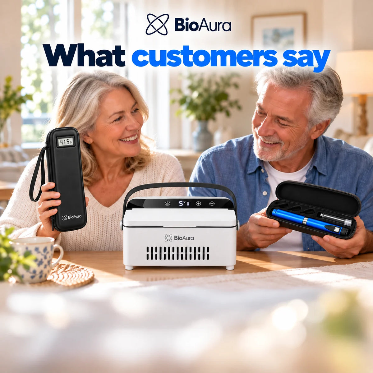 Smiling older couple at home with the BioAura Cooler, Case and Pen