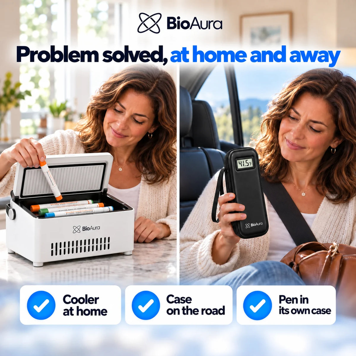The same woman using the BioAura Cooler at home and checking her BioAura Case on the road