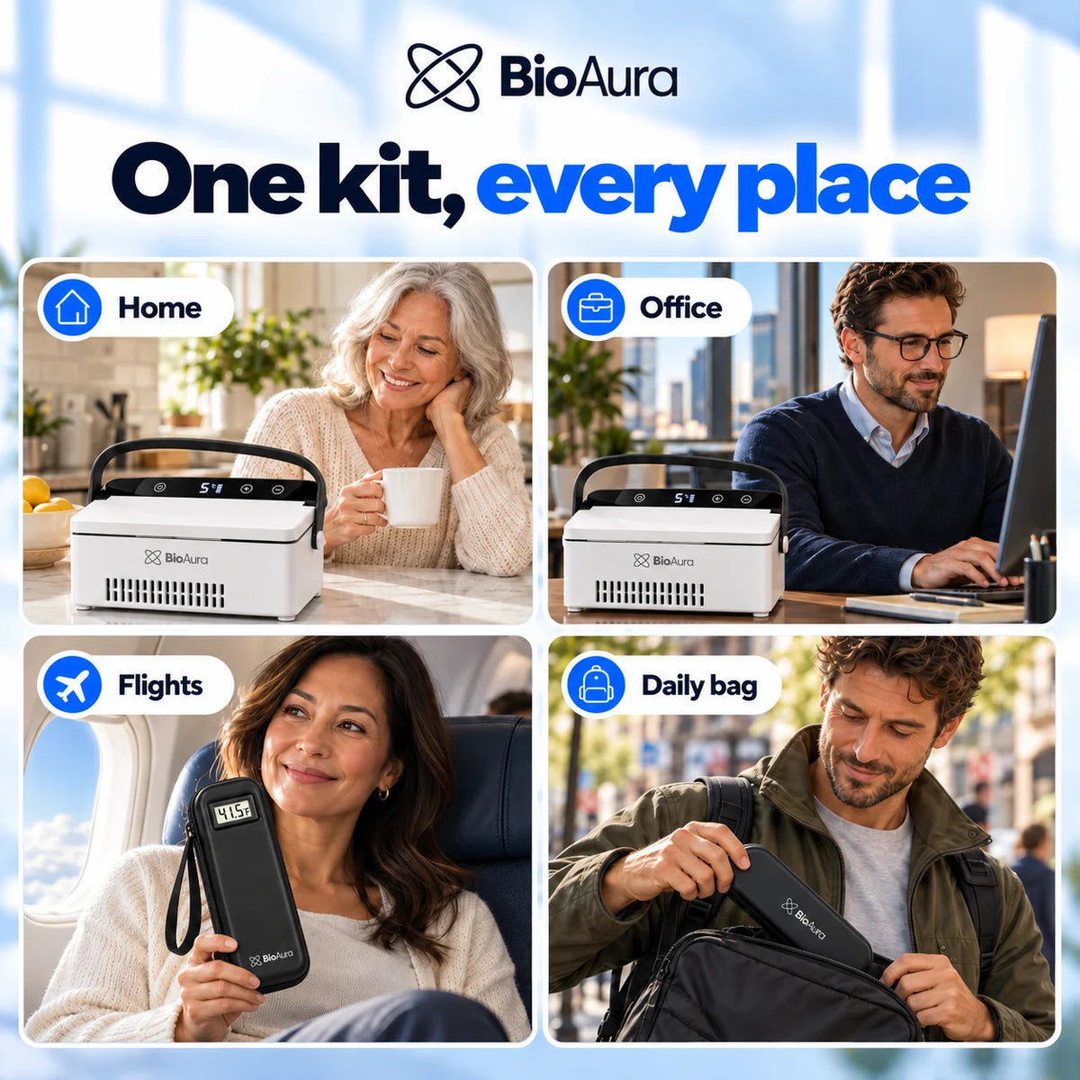Complete Kit at home, at the office, on flights and in a daily bag