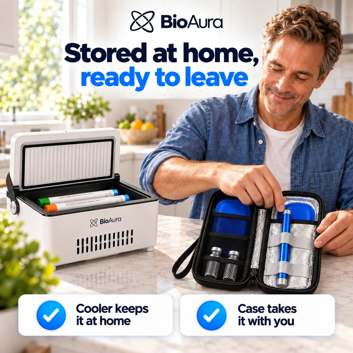 Man moving his pen from the BioAura Cooler to the BioAura Case before leaving home