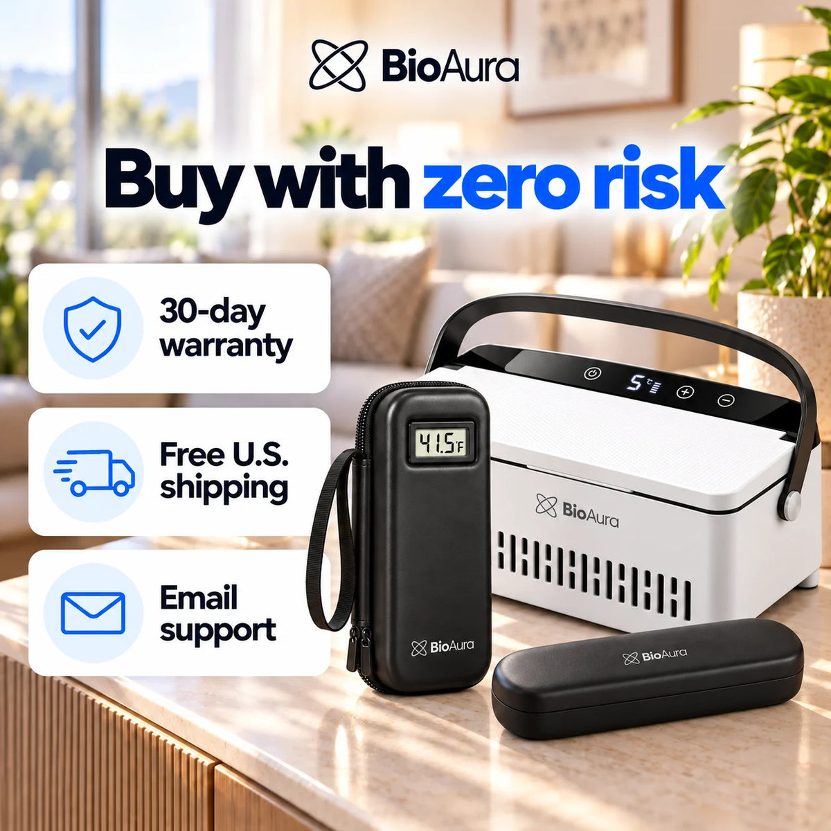 BioAura Cooler, Case and Pen with a 30-day warranty, free U.S. shipping and email support