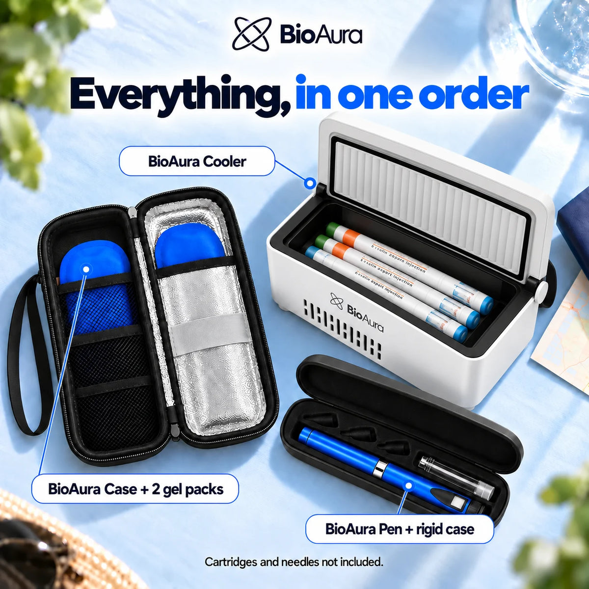 Complete Kit contents: BioAura Cooler, Case with 2 gel packs and Pen with rigid case