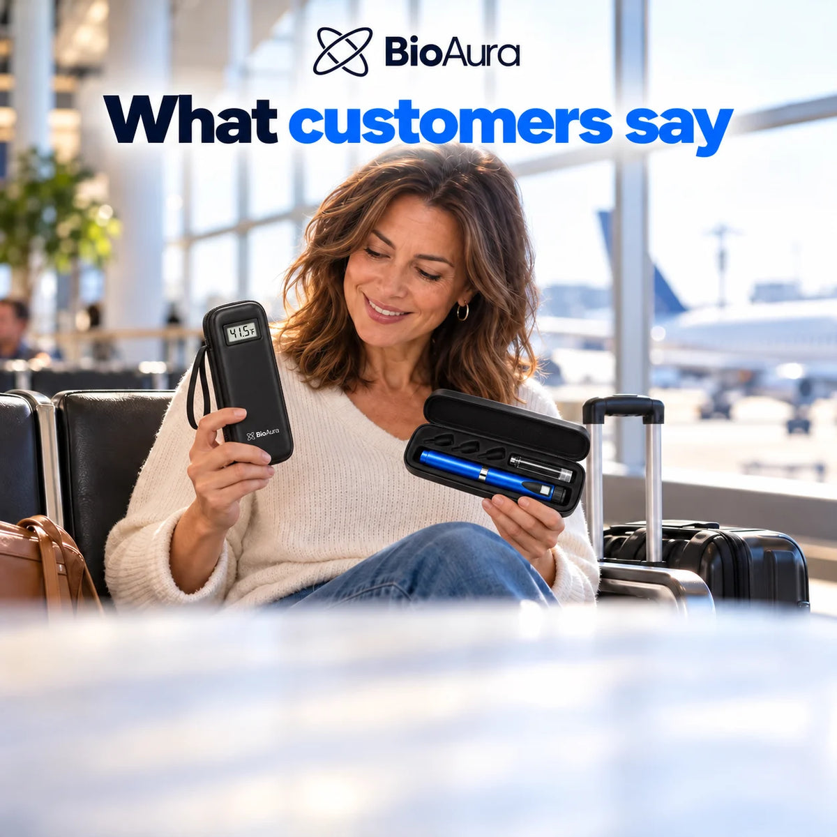Smiling woman at an airport gate holding her BioAura Pen and BioAura Case