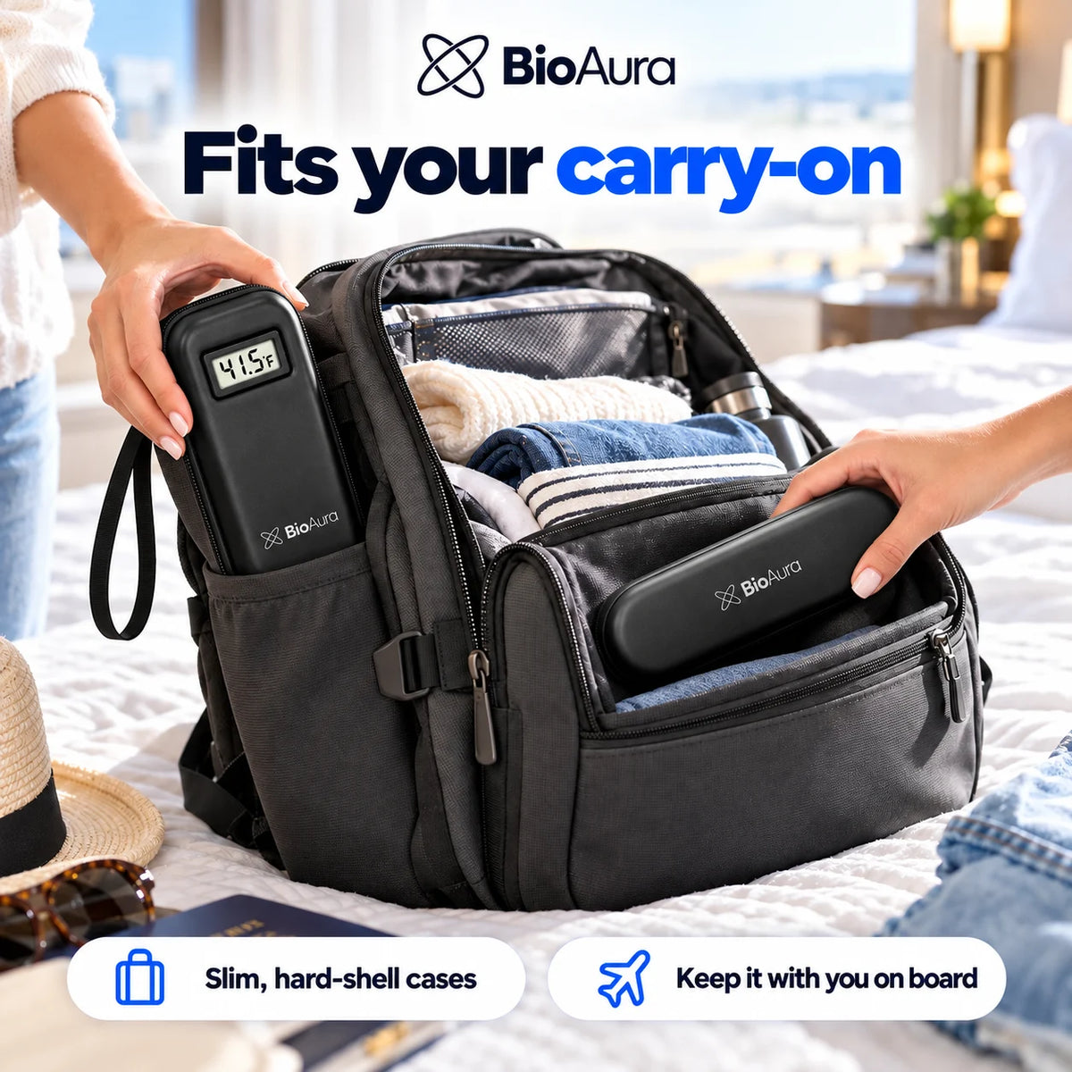 BioAura Case and BioAura Pen case going into a carry-on backpack