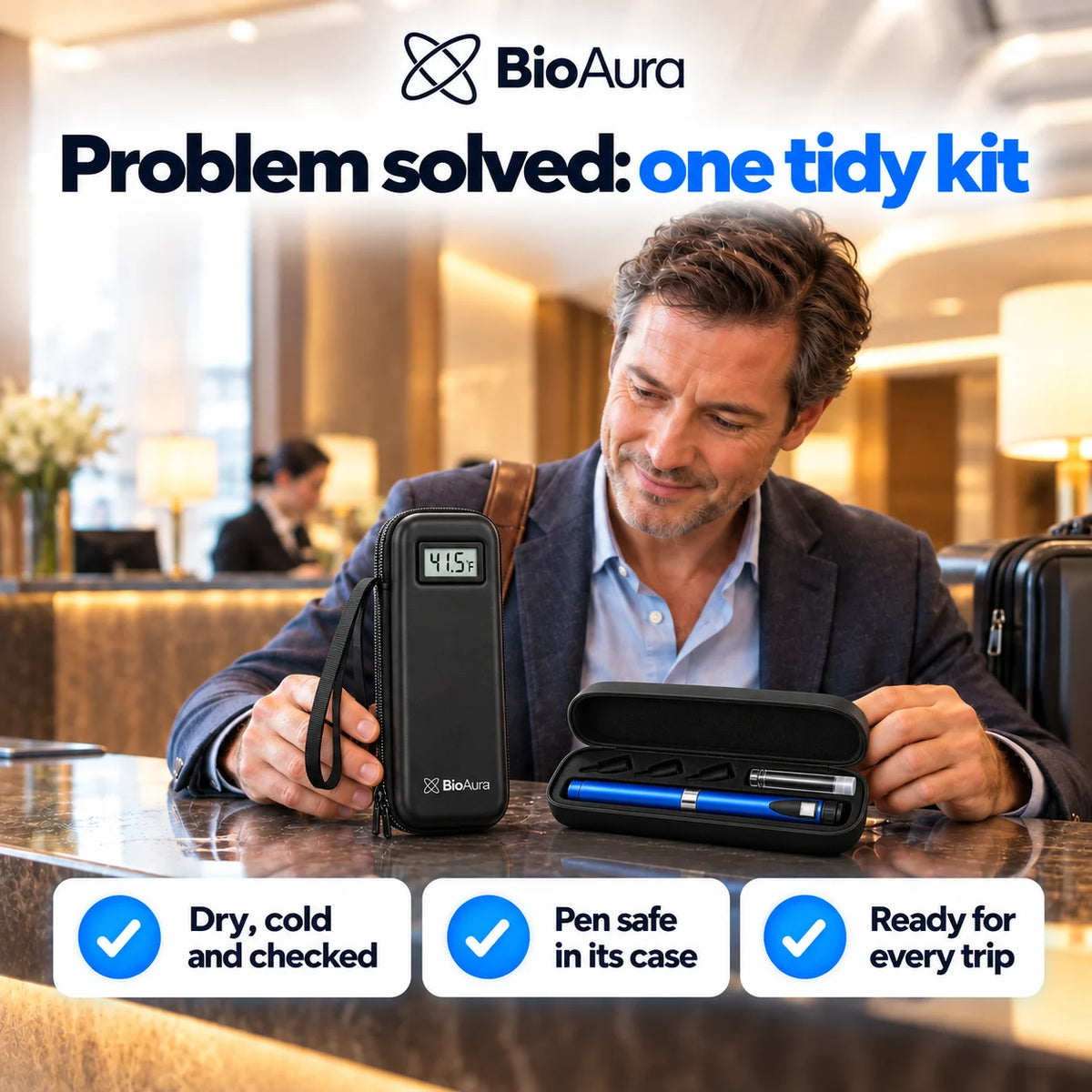 Man in a hotel lobby with his BioAura Case and BioAura Pen ready for the trip
