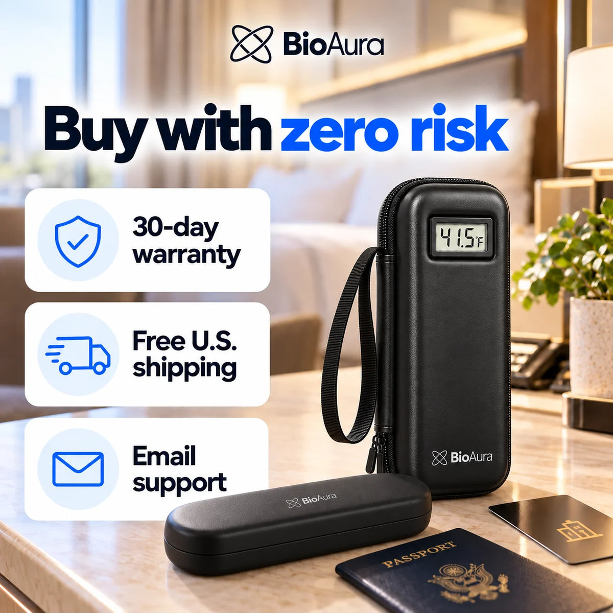 Travel Kit next to a passport, with a 30-day warranty, free U.S. shipping and email support
