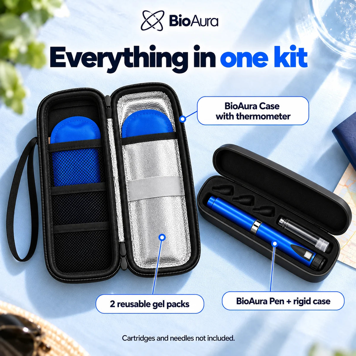 Travel Kit contents: BioAura Case with thermometer and 2 gel packs, BioAura Pen with rigid case