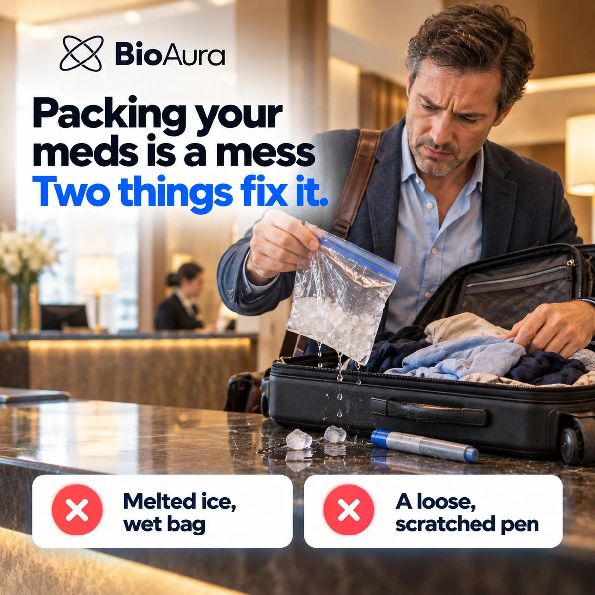 Man packing a suitcase with a leaking bag of melted ice and a loose pen