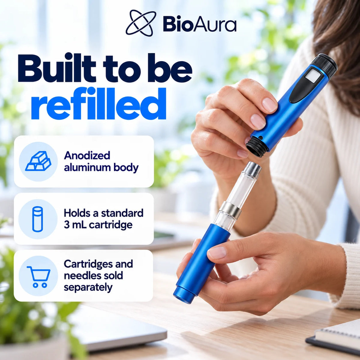 Hands opening the BioAura Pen: anodized aluminum body that holds a standard 3 mL cartridge