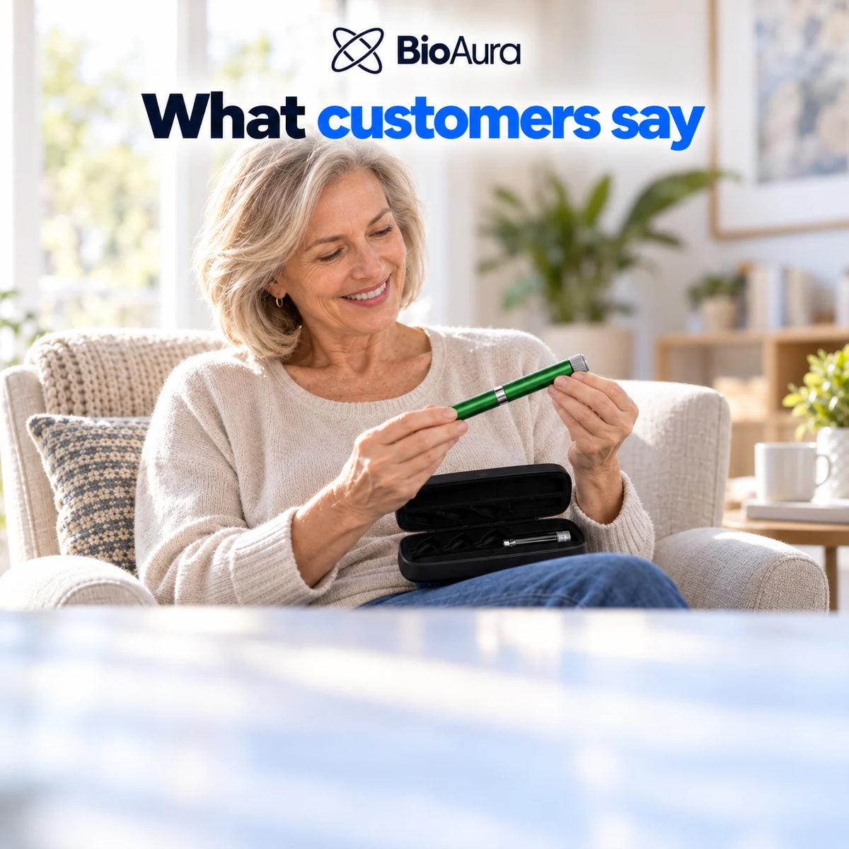 Smiling woman holding a green BioAura Pen next to its case at home